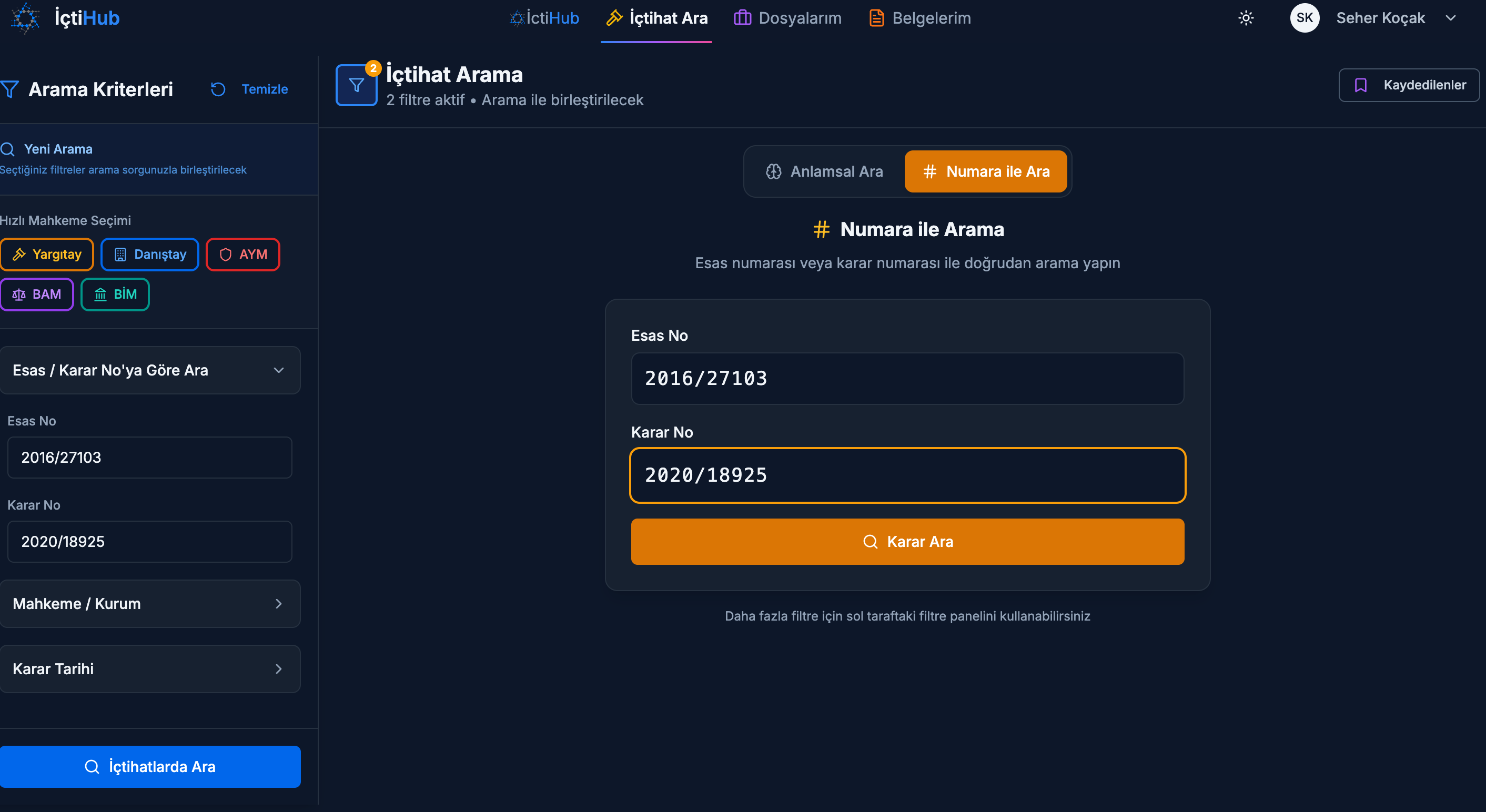 İçtiHub içtihat arama ekranı