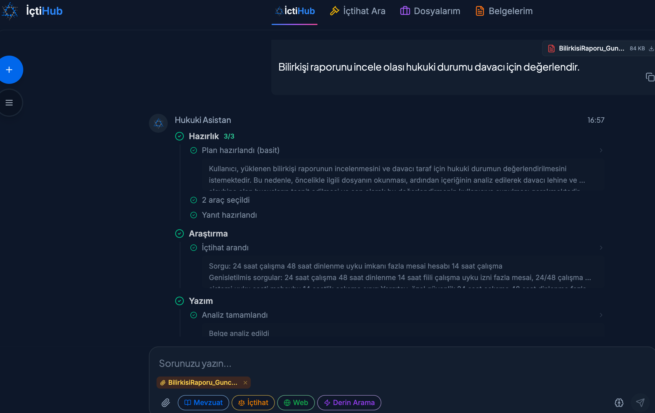İçtiHub yapay zeka destekli hukuki asistan ekranı